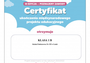 Certyfikat ukończenia międzynarodowego projektu edukacyjnego Czytam z klasą